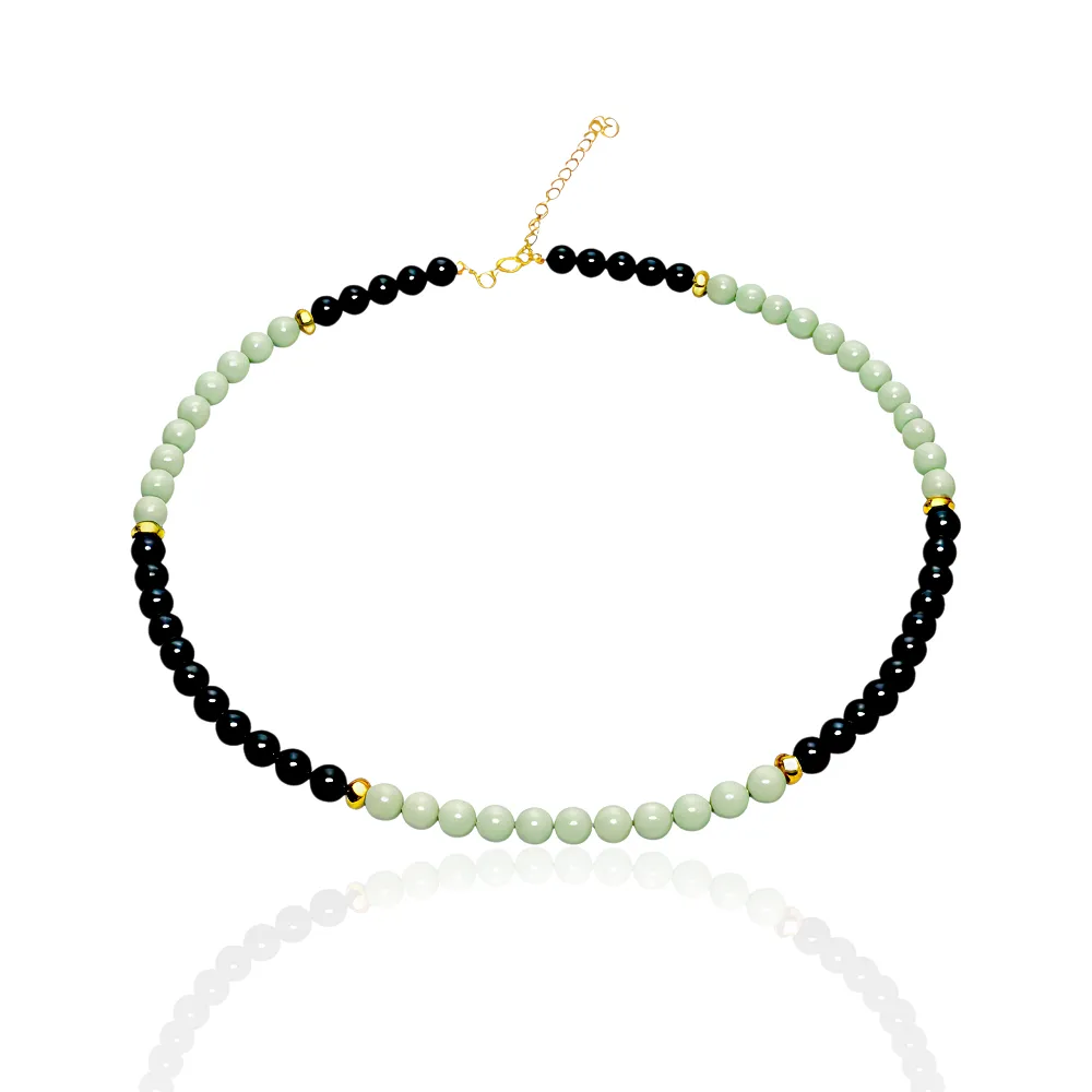 Κολιέ με γυάλινες χάντρες σε πράσινο ελιάς και μαύρο με αλυσίδα επέκτασης